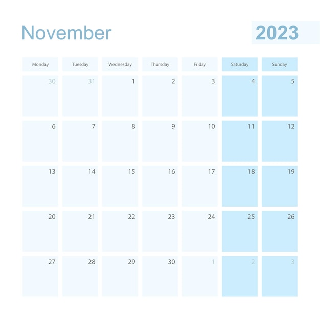 Vector 2023 november wall planner in blue pastel color week starts on monday