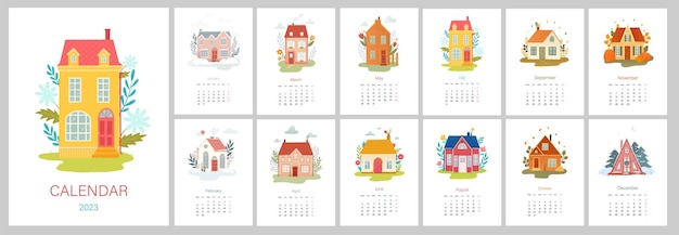 2023 wall calendar with cute village cottages, countryside houses for stationary, wallpaper, prints