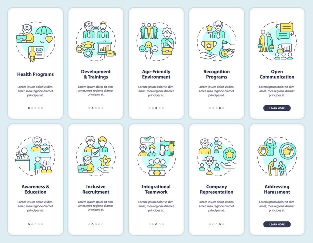 Vector 2d icons representing unretirement mobile app screen set walkthrough 5 steps multicolor graphic instructions with thin line icons concept ui ux gui template