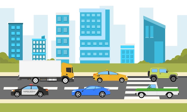 2D Traffic city with building view landscape flat design illustration background side view more car and train