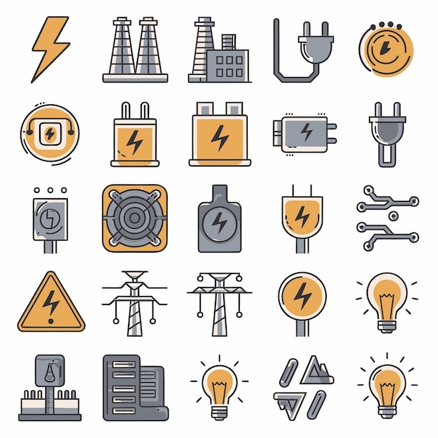 Vector 2d vector illustration colorful collection icons for electricity and energy batteries power plugs