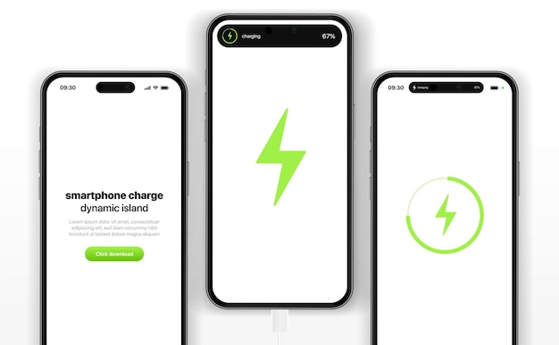 3d battery charging process template with realistic smartphones and dynamic island. Plug charge.