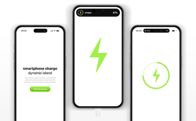 Трехмерный шаблон процесса зарядки аккумулятора с реалистичными смартфонами и динамическим островом. Вилка зарядки.