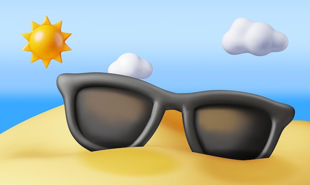 3d beach with sunglasses in sand over sea