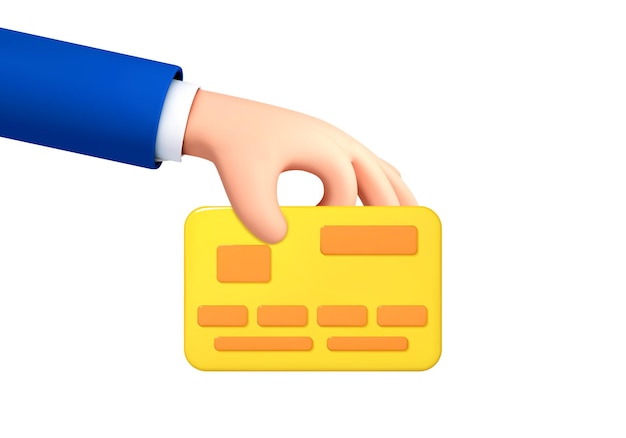 3D cartoon hand of businessman holds debit or credit card Concept of contactless payment or online shopping and online banking Vector 3d illustration