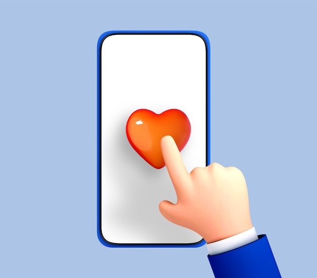 3D cartoon hand pointing at heart icon on phone screen Social network like concept Concept of follower and subscriber Vector 3d illustration