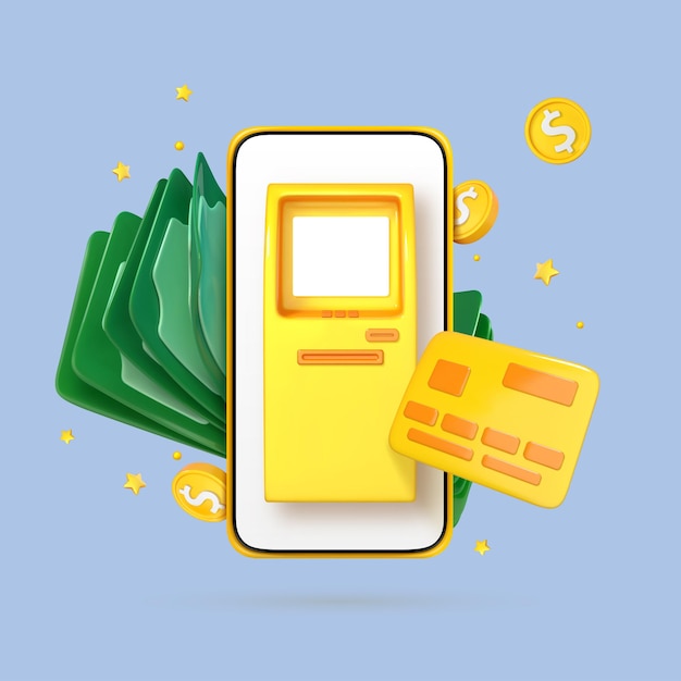 3D cartoon smartphone with ATM machine credit card and money Online payment concept Mobile wallet application Banking app Transfer money via smartphone Vector 3d illustration