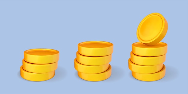 3D cartoon stack of gold coins isolated on blue background Cash money set Business financial investment concept Vector 3d illustration