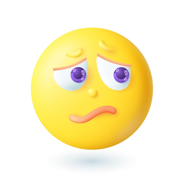 3d cartoon style upset or worried emoticon icon. Sad yellow face thinking and having problems flat vector illustration. Emotion, expression, disappointment, sorrow concept