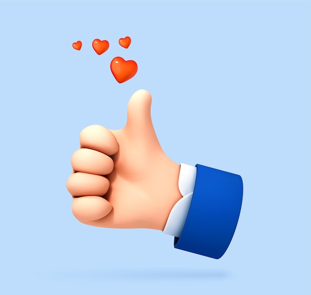 Vector 3d cartoon thumb up hand gesture isolated on blue background hand thumb up or like sign social media concept vector 3d illustration