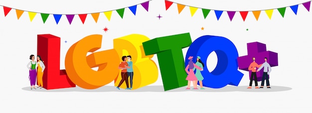 3D colorful text of LGBTQ+  with gay and lesbian couples