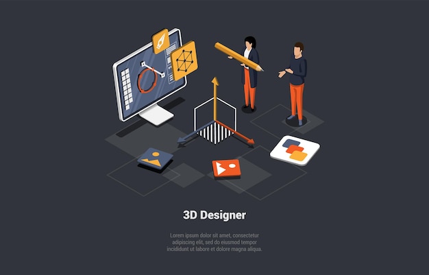 Vector 3d design and freelance work creative team of graphic designers designers team make artwork of illustration on computer using pen tool workspace of digital artist isometric 3d vector illustration