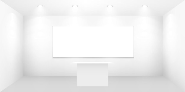 Vector 3d exhibition booth white empty promotional stand with desk vector white empty geometric square presentation event room display blank box template