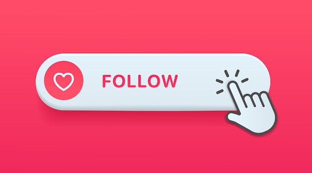 3D flat follow button with heart icon and arrow for UI, app, website, social media, mobile game