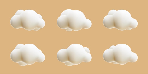 Vector 3d fluffy white cloud cartoon style collection set on cream pastel backgound vector mesh