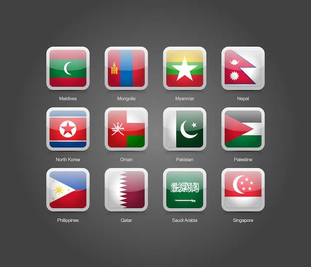 3D glossy square round shaped icons for flags of Asian countries