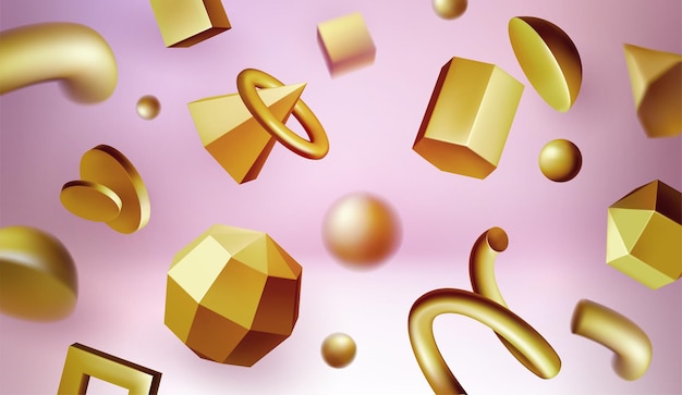 Vector 3d golden shapes geometric elements abstract gold donut spiral and cone yellow metal render objects futuristic memphis gradient background with figures vector isolated exact concept