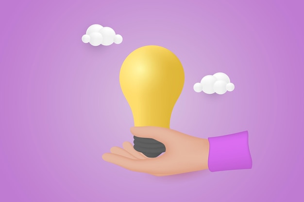 Vector 3d hand holding a light bulb finance investment light bulb in hand like idea make earning concept 3d vector illustration