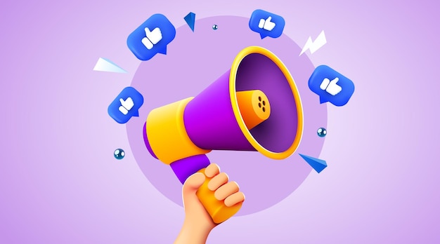 3d hand holding megaphone speaker or loudspeaker bullhorn for announce Mockup with like notifications Social media promotionVector illustration