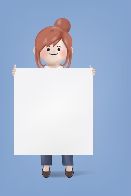 Vector 3d illustration cartoon character young woman holding blank placard