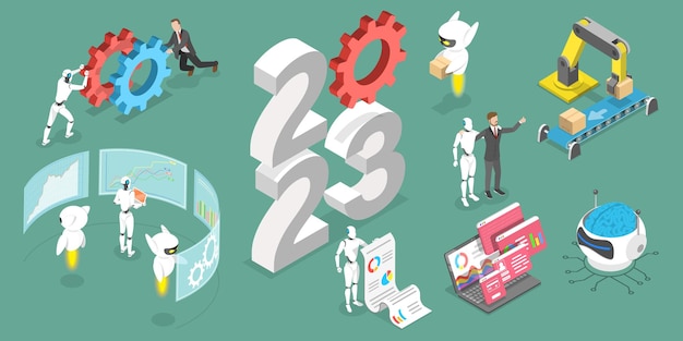 3D Isometric Flat Vector Conceptual Illustration of New Year 2023 And Robotic Process Automation Trends