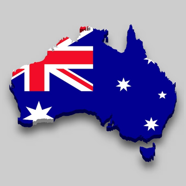 3d isometric Map of Australia with national flag.