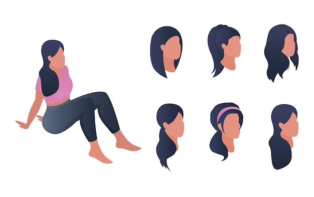 3D isometric woman sitting with set of fashionable hairstyles Woman head in 3D for character animat