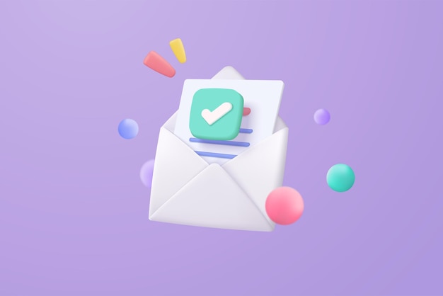 Vector 3d mail envelope icon with notification new message on purple background minimal email letter with letter paper read icon message concept 3d vector render isolated pastel background