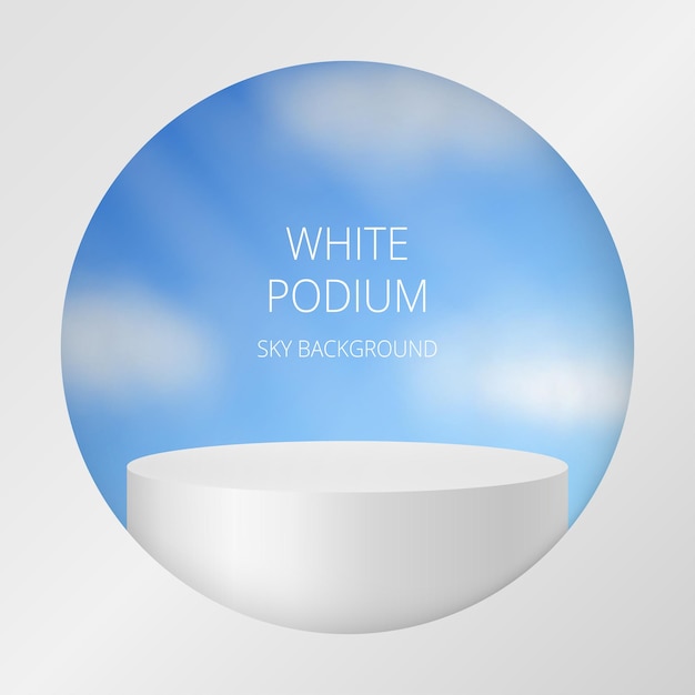 3d mockup of a cylindrical podium pedestal White display stage Background with clouds on a blue sky