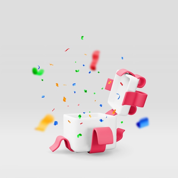 Vector 3d open gift box with falling confetti