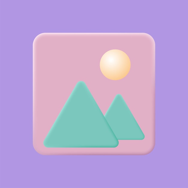 3d photo icon vector. Image, photo, jpg file. Mountains and sun landscape. Picture in a frame. 3d ve