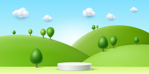 Vector 3d summer kid podium with green grass and trees