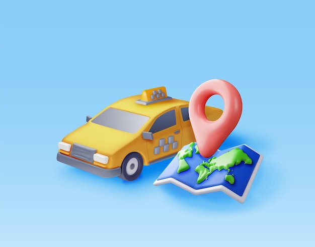 3D taxi car sedan and paper map isolated