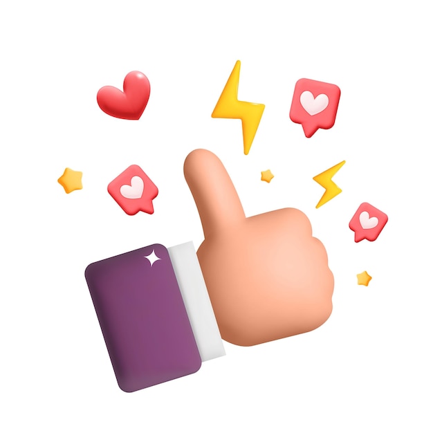 Vector 3d vector cartoon man hand thumb up gesture with like and heart symbol design