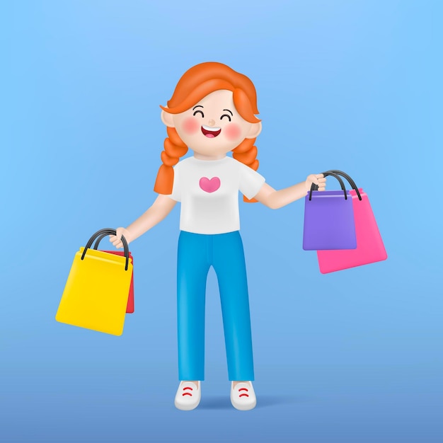 3d vector illustration cartoon happy woman customer shopping with many shopping bags.