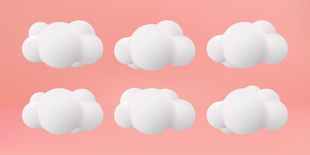 Vector 3d white cloud cartoon style collection set on pink pastel background