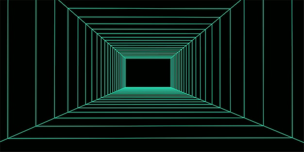 Vector 3d wireframe room green on dark background abstract perspective grid vector illustration