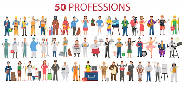 Vector 50 professions. big set of professions in cartoon flat style for children. international workers' day, labour day