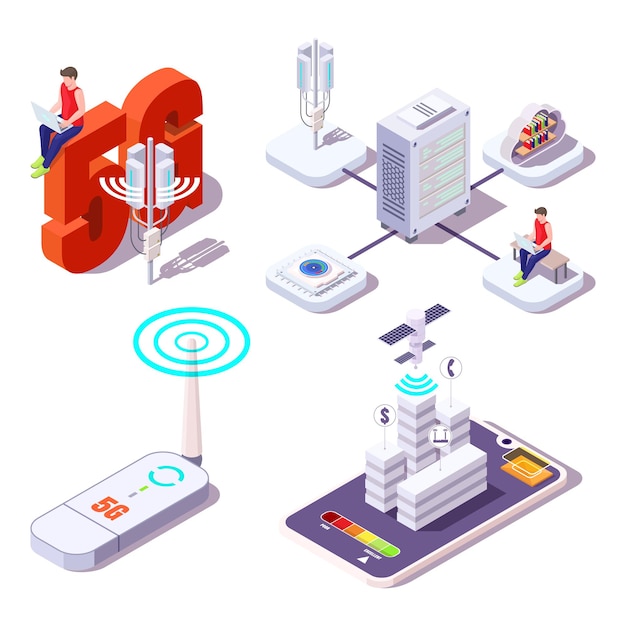 Vector 5g icon set. people using wireless high speed internet. broadband service provider, flat vector isometric illustration.