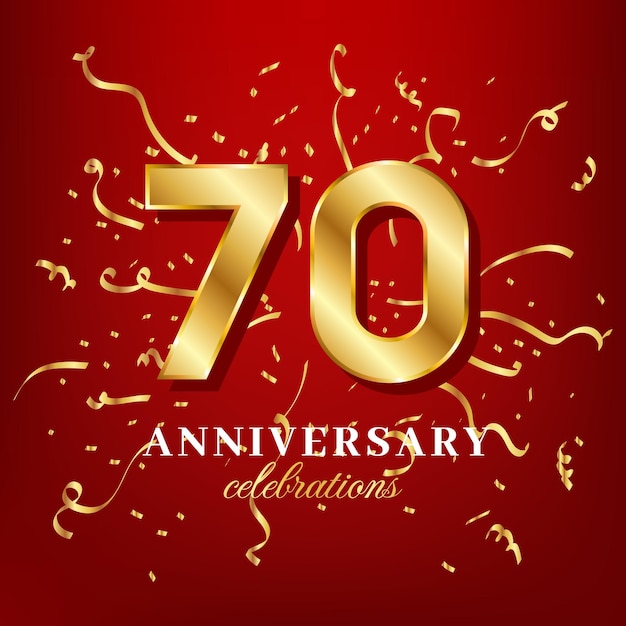 Vector 70 golden numbers and anniversary celebrating text with golden confetti spread on a red background