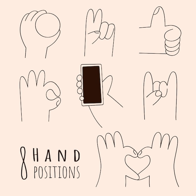 Vector 8 hand positionshand with phoneholds balloonpeace signhornsokeyheartcartoon style