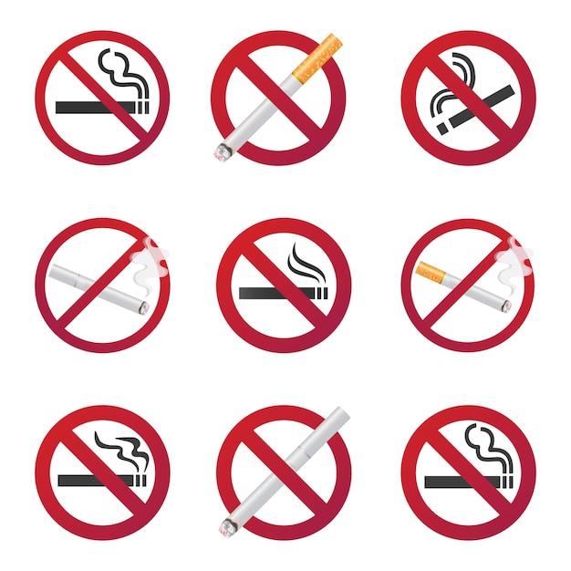 Vector 9 no smoking icon signs set flat style design and 3d realistics design of signs in the red circles