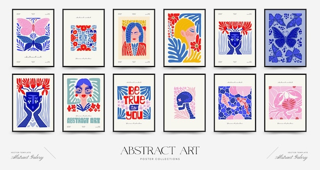 Abstract art posters template Modern trendy Matisse minimal style Pink blue yellow colors