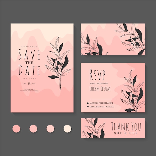 Abstract background Wedding invitation card template set with floral decoration For save the date greeting poster and cover design