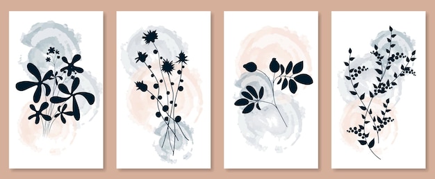 Abstract botanical wall art set Vector illustration in scandinavian design