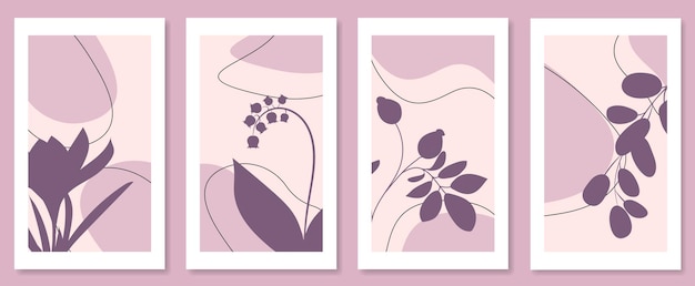 Abstract botanical wall art set Vector illustration in scandinavian design