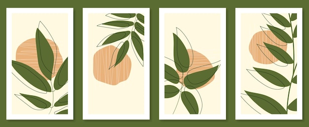 Abstract botanical wall art set Vector illustration in scandinavian design