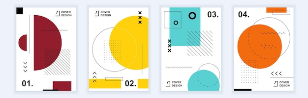 Abstract brochure covers set in modern minimal geometric design Memphis style background templates with graphic geometry elements composition in A4 format for brand book identity Vector illustration