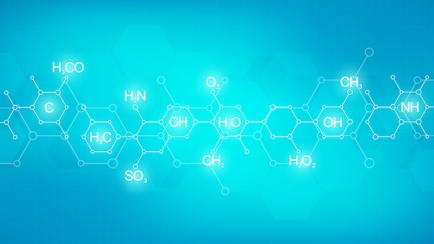 Abstract chemistry pattern on green background with chemical formulas and molecular structures. Template  with concept and idea for science and innovation technology.