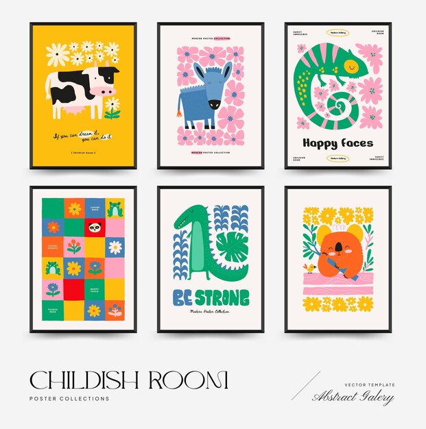 Vector abstract childrens room posters template modern trendy kids minimal style